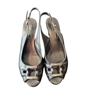 Brighton Nopoli 10162 black wedge slingback open toe silver buckles sz 6.5m